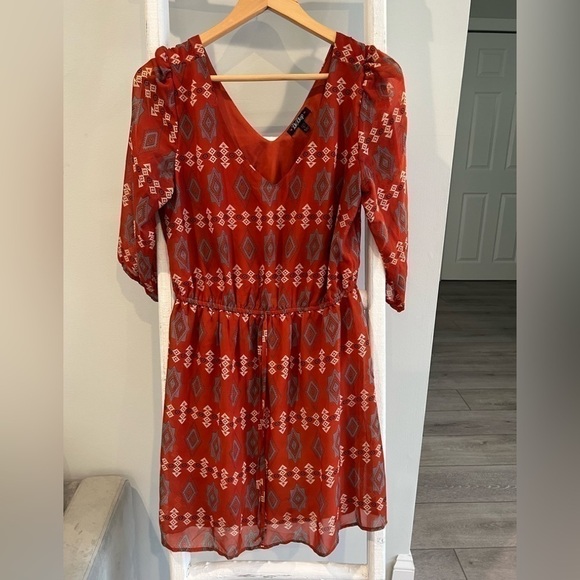 BE bop sheer elastic waist aztec print long sleeve dress large - Picture 1 of 8